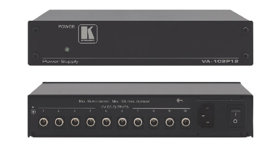 Kramer Electronics THE VA-102P12 IS A 10-OUTPUT POWER SUPPLY THAT POWERS 12V DC POWERED DEVICES. TH