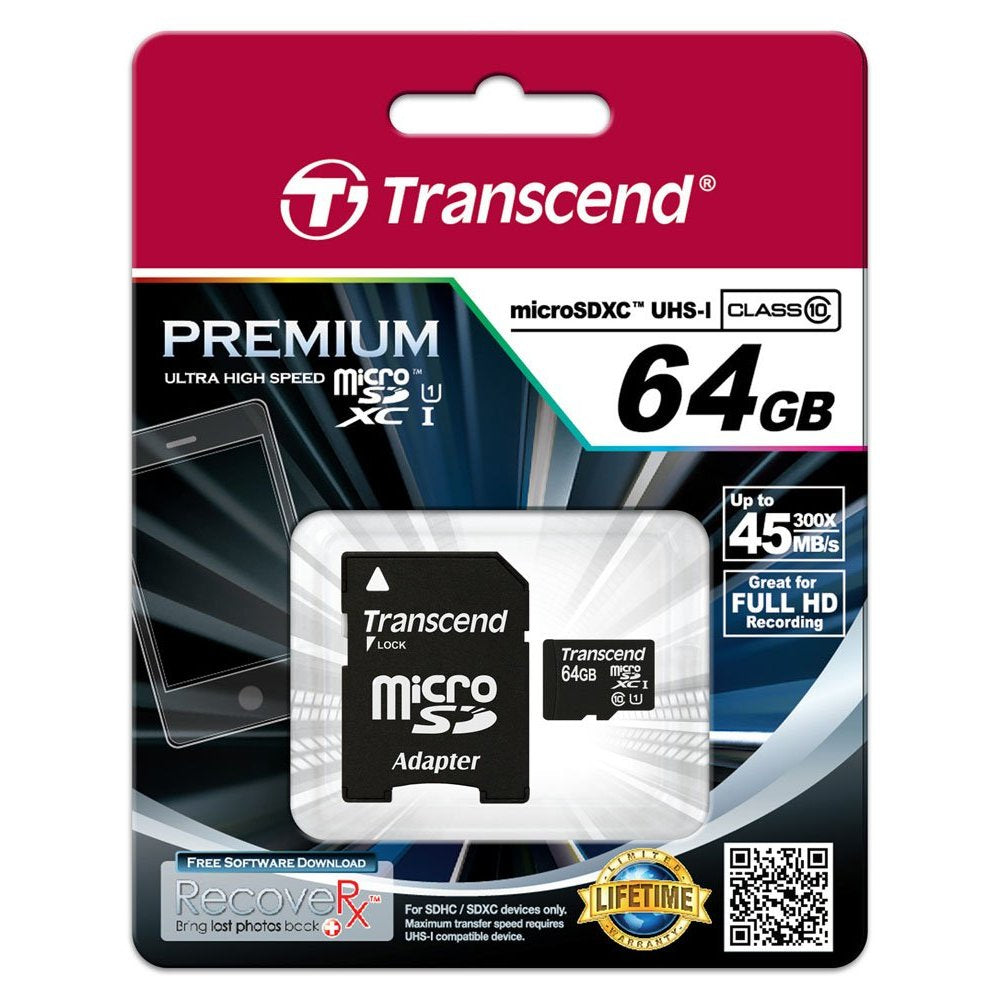 TS64GUSDU1 - Transcend 64GB MICROSDXC CLASS10 U1 W/ADAPTER