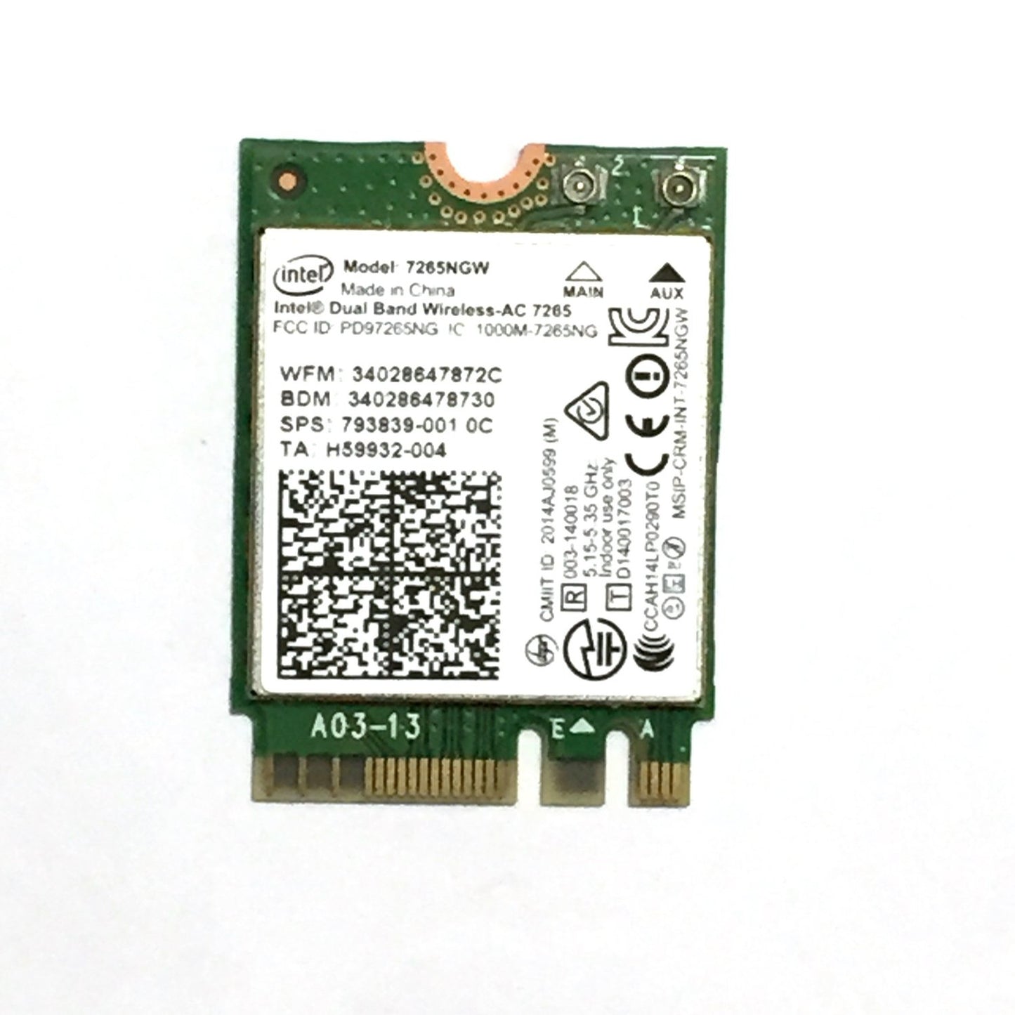 Intel Dual Band Wireless-AC 7265 Internal WLAN / Bluetooth 867 Mbit/s