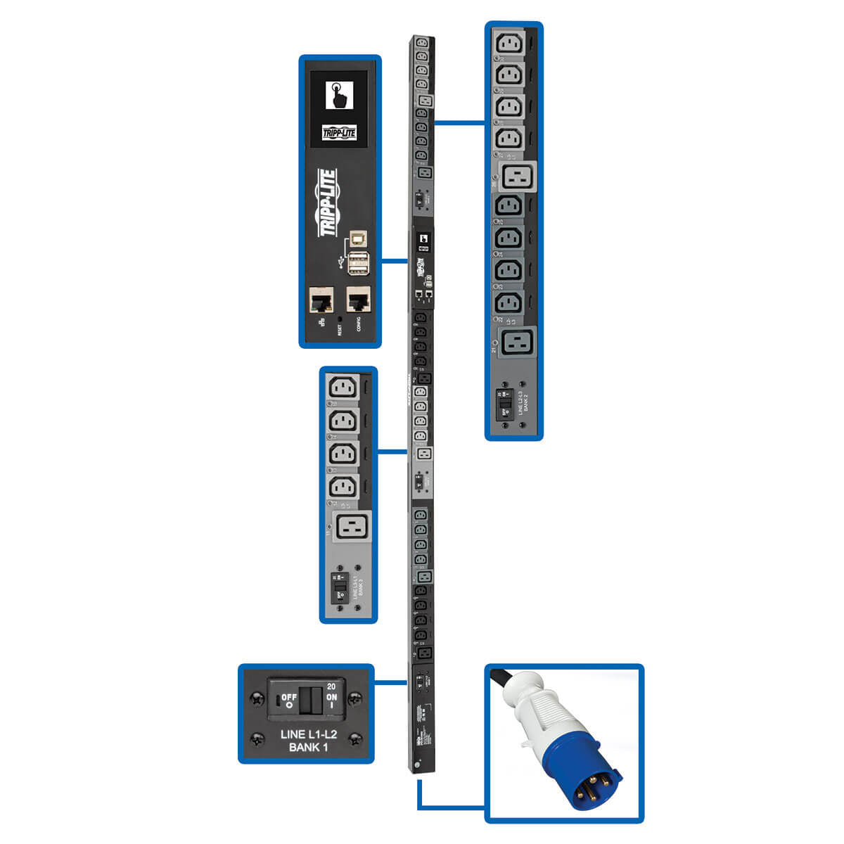 14.5KW 3-PHASE SWITCHED PDU, LX INTERFACE, 200/208/240V OUTLETS (24 C13/6 C19),